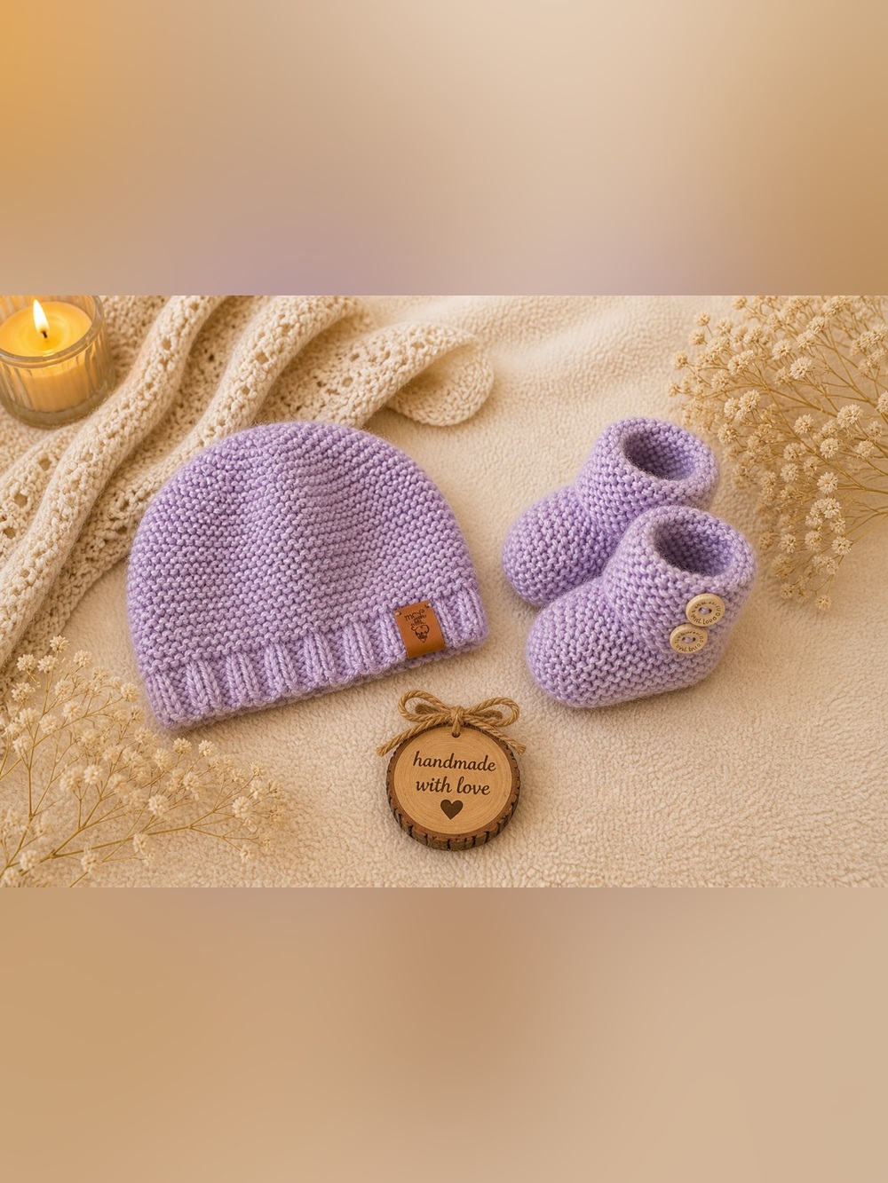 Lilac Knit Baby Beanie and Booties Set - Handmade